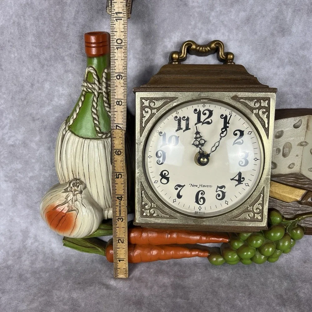 Vtg 70s New Haven Cheese Wine Veggies Kitchen Wall‎ Clock Farm Cottage WORKS EUC